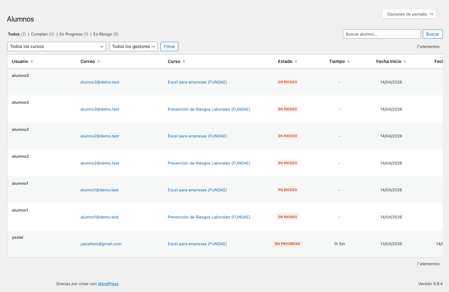 Tracking de sesiones de alumnos en el panel de WordPress